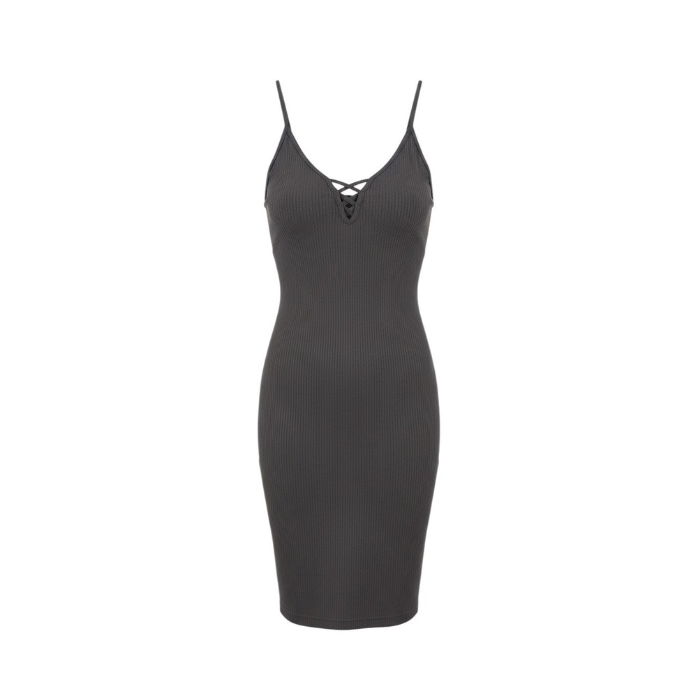New Kathy Bodycon Dress Womens Small Charcoal Gray Ribbed Lace Up V-Neck Mini